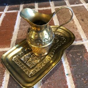 Vintage gold ornate brass set of pitcher and tray:8” tall pitcher 4.5” tall